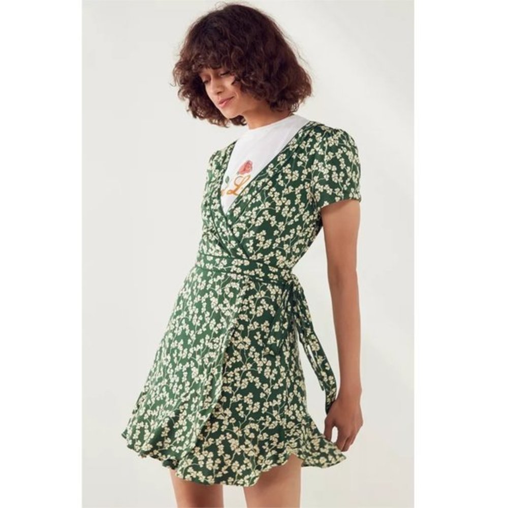UO Kimchi Blue Rita Green Floral Wrap Dress
